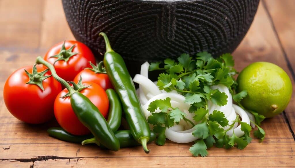 Fresh ingredients for molcajete salsa recipe