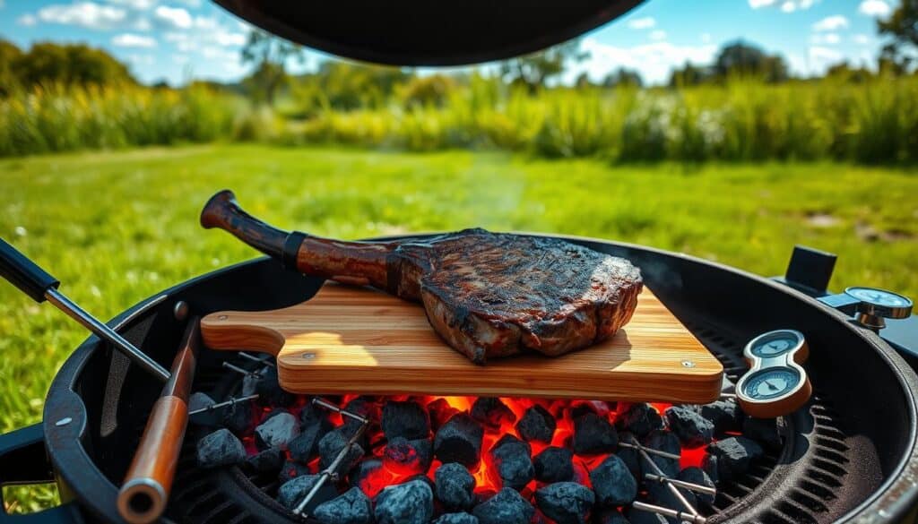 Charcoal grill setup for Tomahawk Steak