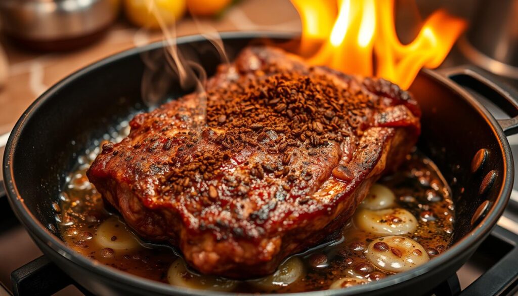 Coffee-crusted beef searing in a pan