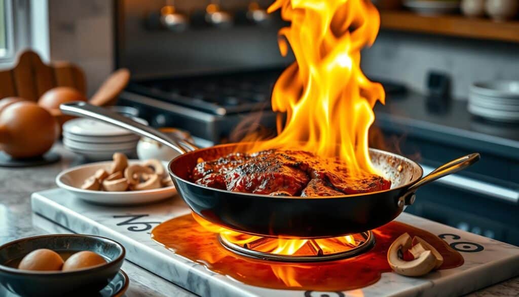 Flambé technique for Steak Diane