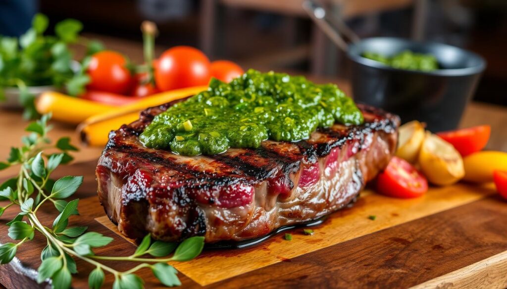 Grilled ribeye with chimichurri sauce