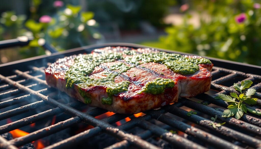 Grilling pesto-marinated steak