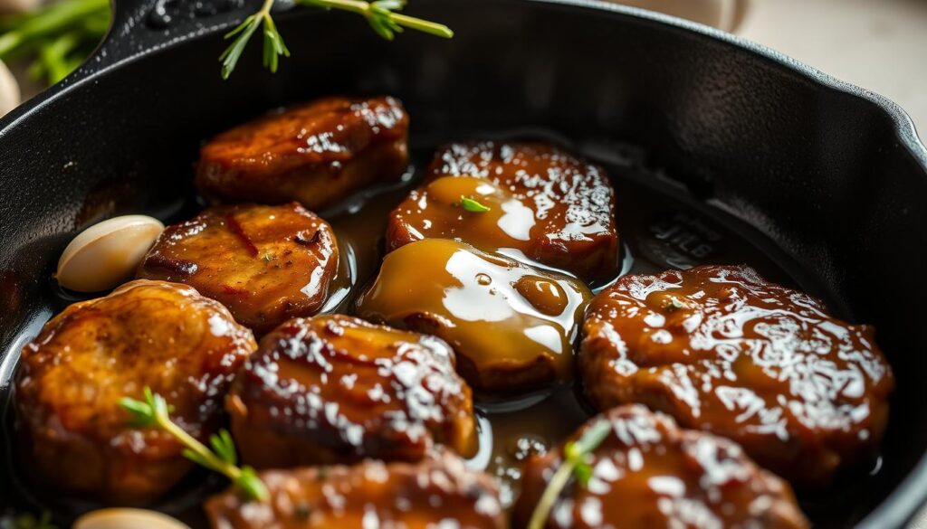 Honey Garlic Steak Bites in cast iron skillet