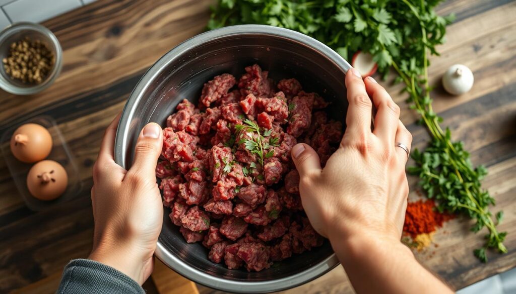 Mixing ground beef for Salisbury Steak