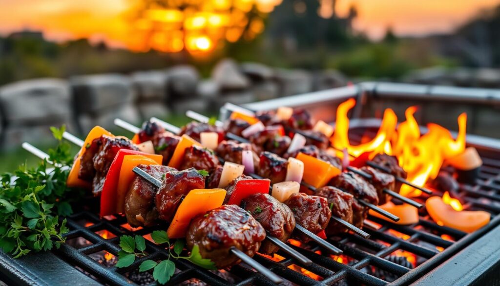 Outdoor Cooking steak kebabs