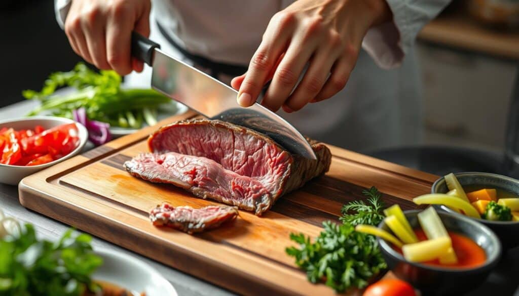 Slicing beef for Korean Bulgogi-Style Steak