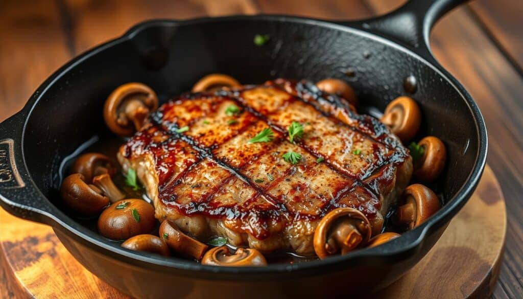 Steak and mushrooms in cast iron skillet