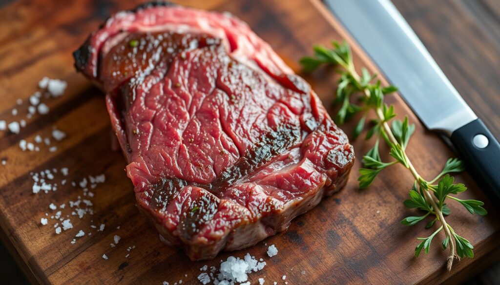 Strip steak on a cutting board